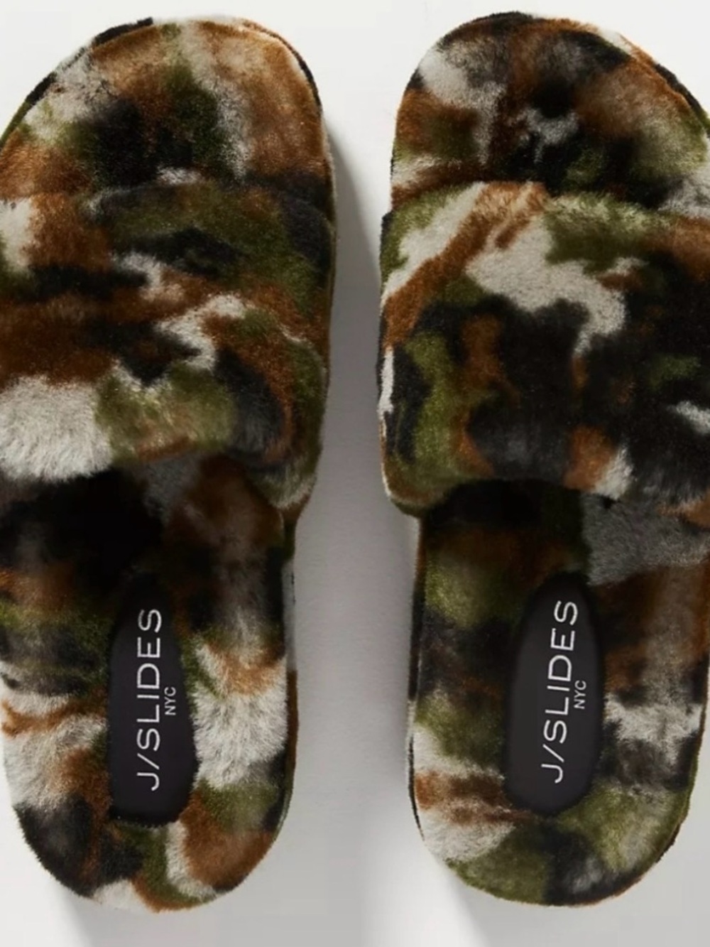 J/SLIDES Shearling Camouflage Slide Slides  in Olive, Brown, Black new in box